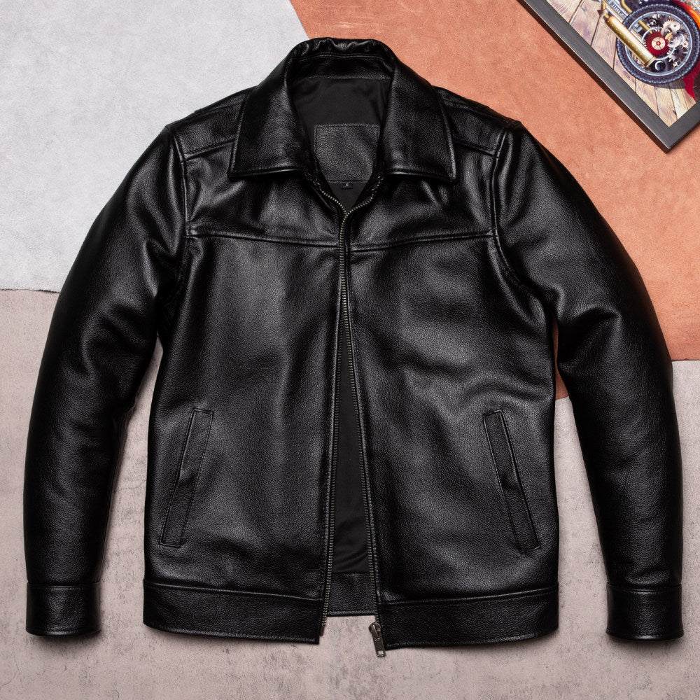 Black top layer cowhide jacket men's retro distressed cargo jacket leather leather jacket men's Korean version slim lapels