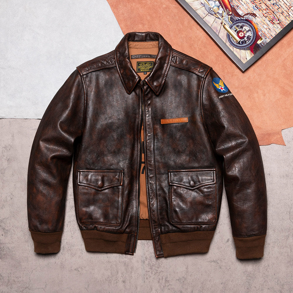 A2 Old brown leather jacket men's flight suit leather jacket spring and autumn new casual lapel top men's style