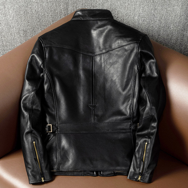 New products pure top layer sheepskin genuine leather leather jacket men's stand-up collar slim motorcycle trendy leather jacket autumn and winter jacket