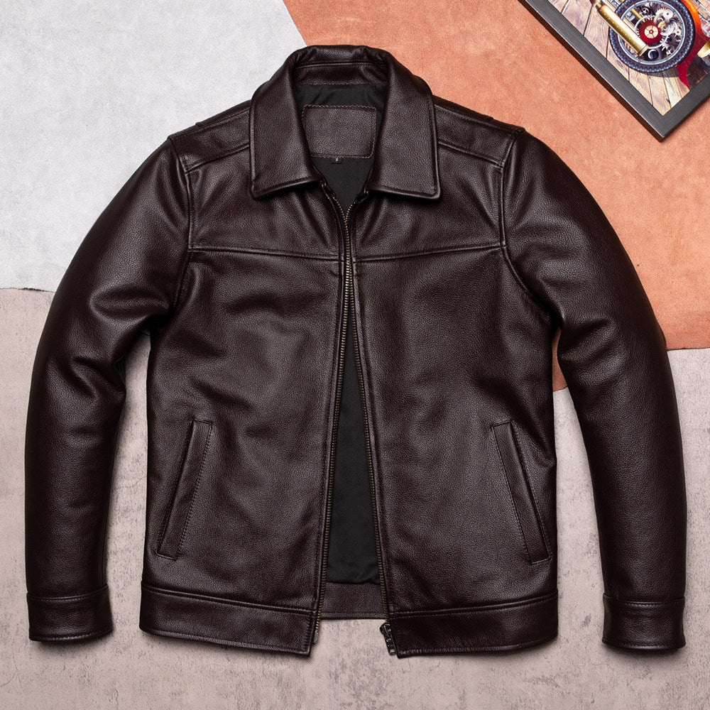 Genuine leather jacket men's casual leather jacket simple classic business jacket short versatile spring and autumn dark brown top