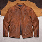 American vintage men's full-grain uncoated matte venom jacket top layer cowhide short stand-up collar leather jacket