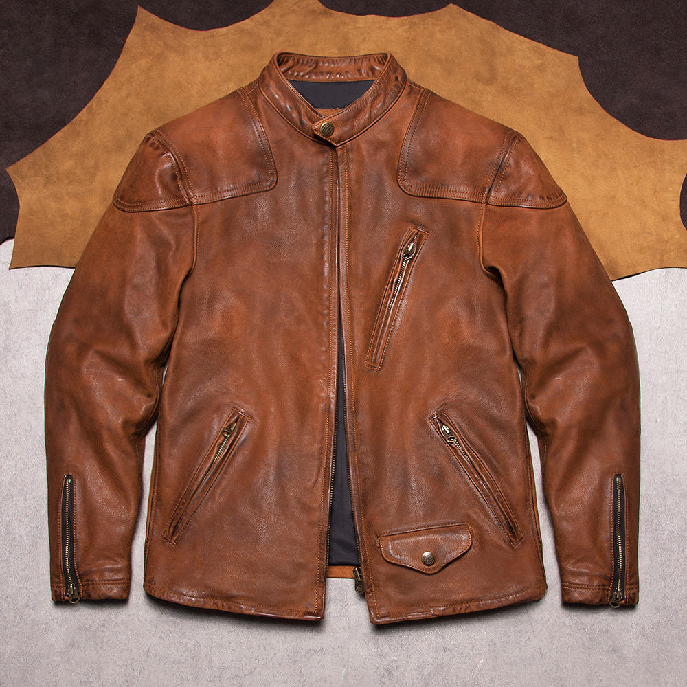 American vintage men's full-grain uncoated matte venom jacket top layer cowhide short stand-up collar leather jacket