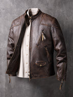 American Vintage Mendoza Washed Farmer Stone-Ground Distressed First-Layer Cowhide Motorcycle Leather Jacket