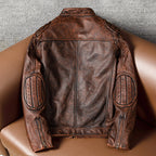 Ami clicked top layer cowhide leather jacket, men's stand-up collar leather jacket, vintage distressed reddish-brown plus-size jacket