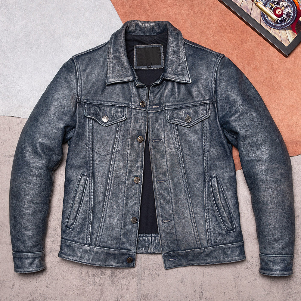 507 classic top-layer cowhide men's leather jacket vintage distress leather jacket top-layer leather denim jacket