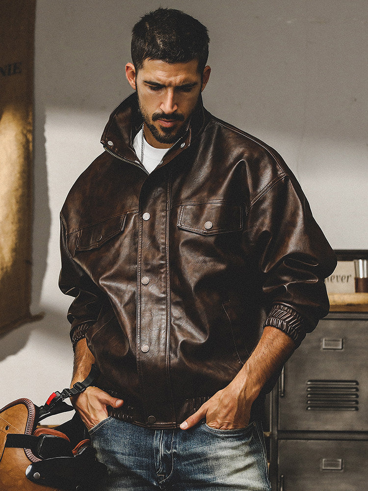 American classic retro soft leather jacket men's loose motorcycle uniform spring trendy brand tough guy leather jacket jacket men's spring and autumn style