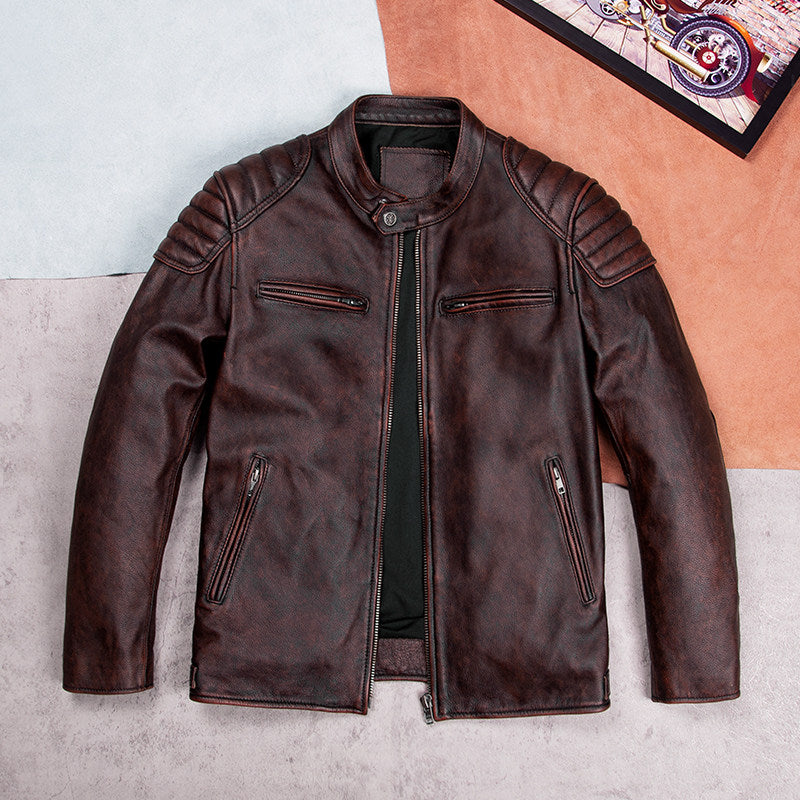 Heavy top layer cowhide leather jacket men's stand-up collar slim motorcycle suit vintage distressed short plus size leather jacket