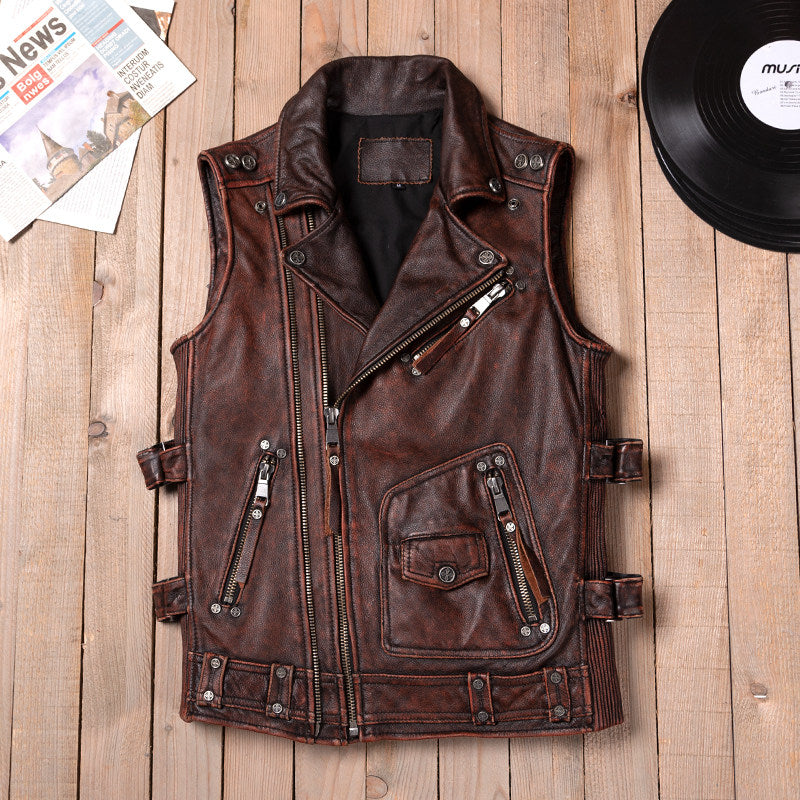 Reddish-brown Harley vest locomotive top layer cowhide leather leather jacket men's short cycling leather vest multi-zip pocket