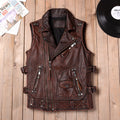 Reddish-brown Harley vest locomotive top layer cowhide leather leather jacket men's short cycling leather vest multi-zip pocket