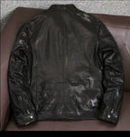 New sheepskin vegetable-tanned top layer leather jacket, men's motorcycle short stand-up collar leather jacket, fashion trend jacket