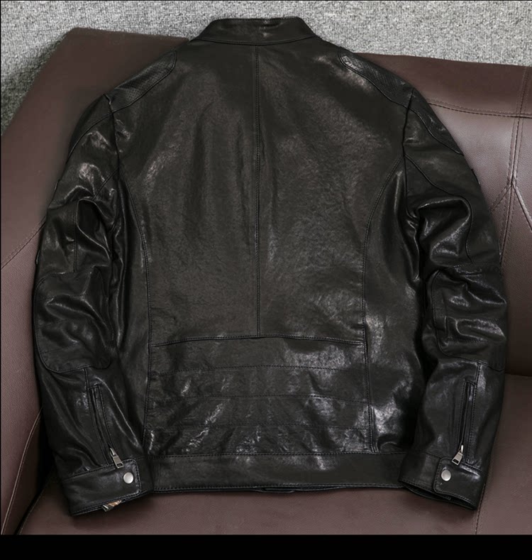 New sheepskin vegetable-tanned top layer leather jacket, men's motorcycle short stand-up collar leather jacket, fashion trend jacket