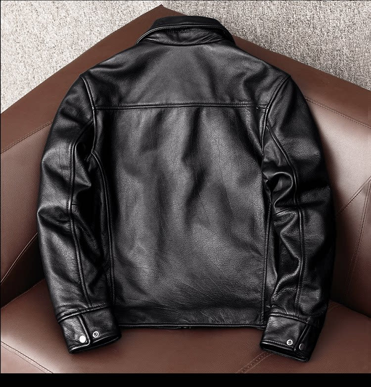 New simple pure top layer cowhide soft leather jacket men's leather jacket short slim lapel jacket