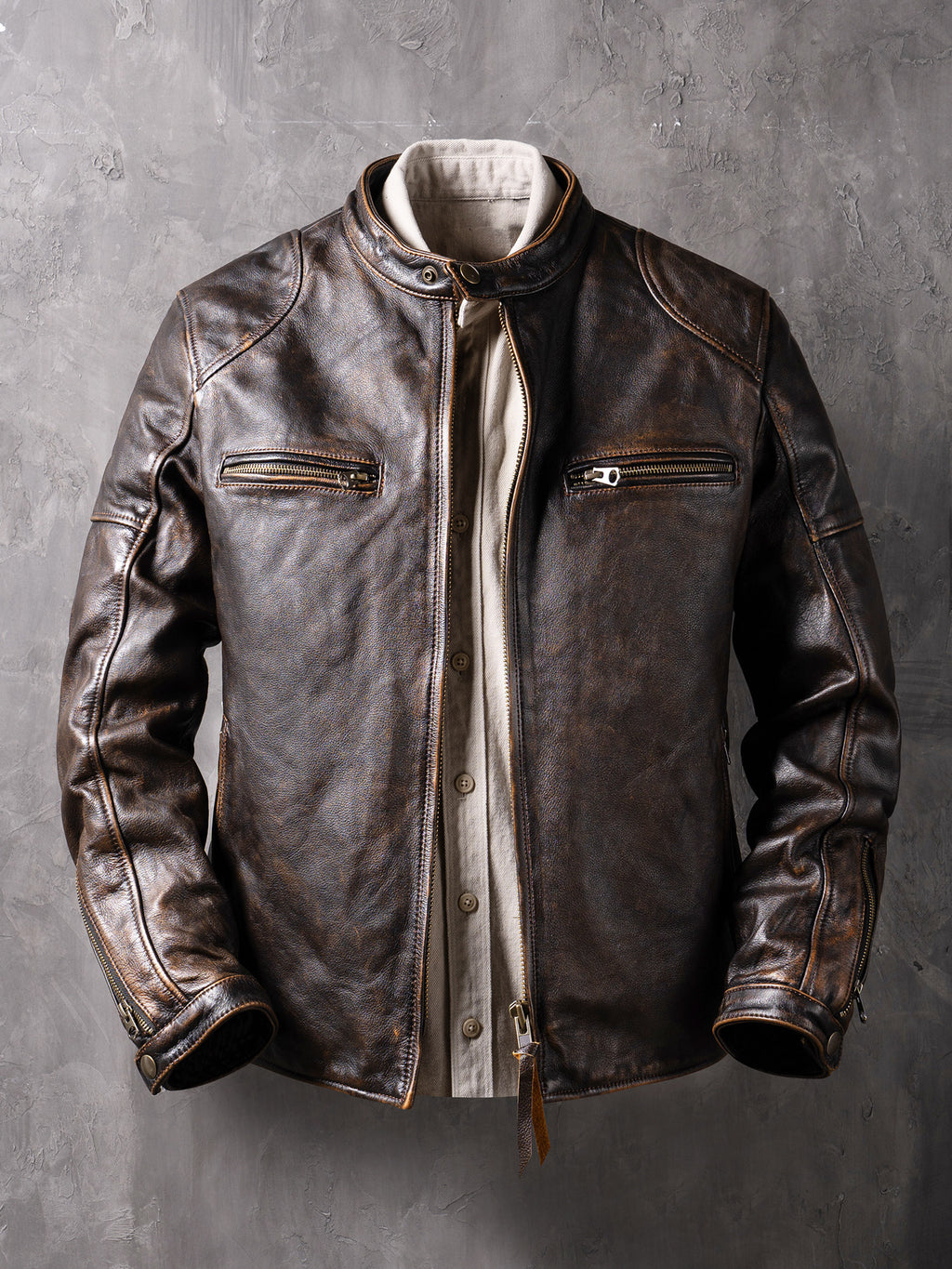 New genuine leather jacket short top layer cowhide biker jacket men's stand-up collar slim jacket thin