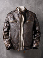 New genuine leather jacket short top layer cowhide biker jacket men's stand-up collar slim jacket thin