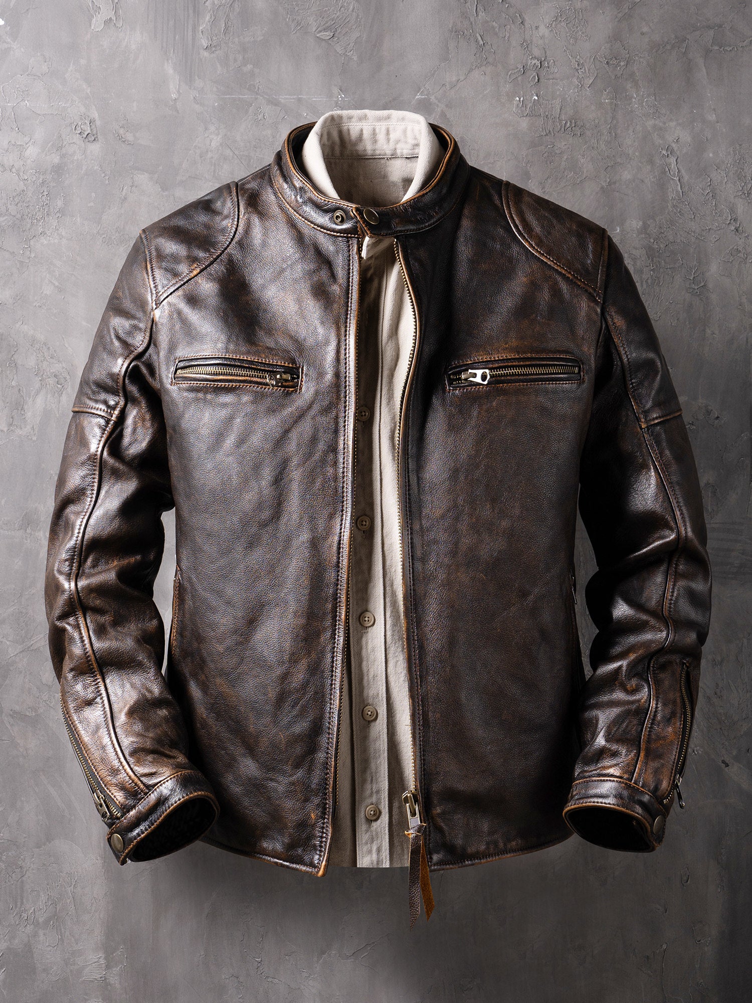 New genuine leather jacket short top layer cowhide biker jacket men's stand-up collar slim jacket thin