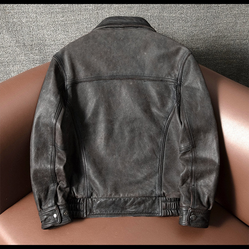 Hong Kong style top layer cowhide leather jacket vintage distressed men's flight suit lapel autumn and winter cropped leather jacket