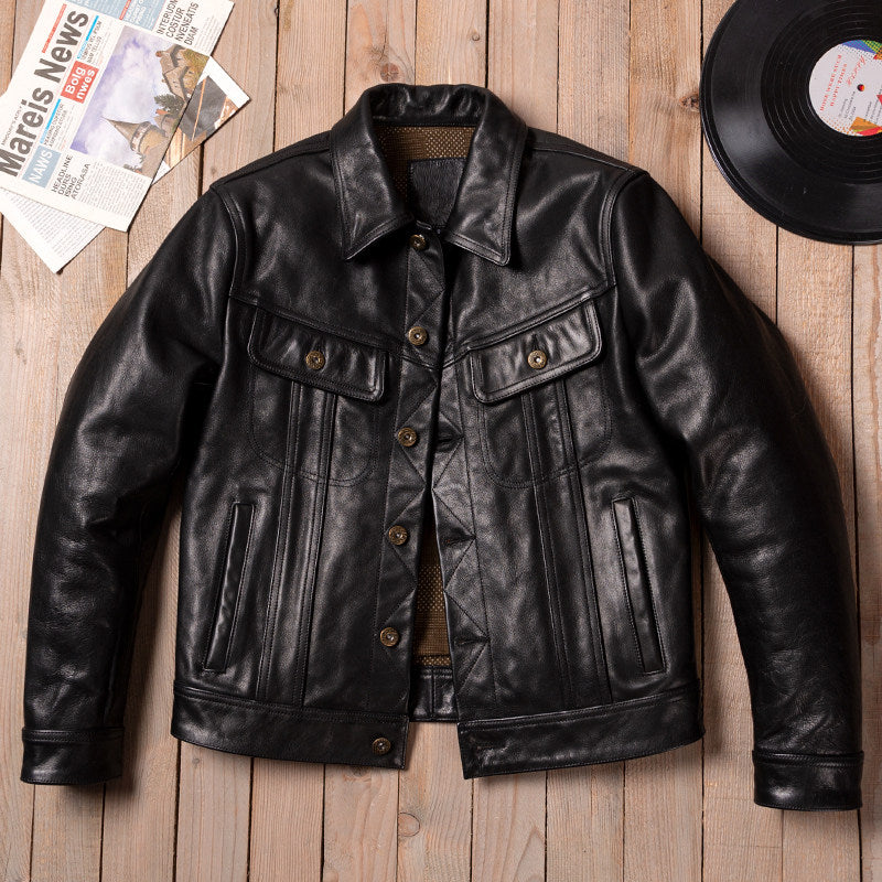 Stormrider cargo leather jacket men's lapel slim leather jacket oil wax top layer cowhide denim leather jacket
