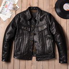 Stormrider cargo leather jacket men's lapel slim leather jacket oil wax top layer cowhide denim leather jacket