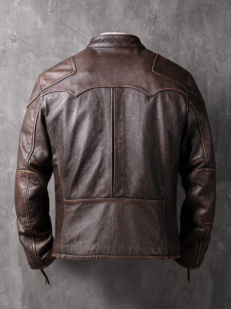 American Vintage Mendoza Washed Farmer Stone-Ground Distressed First-Layer Cowhide Motorcycle Leather Jacket