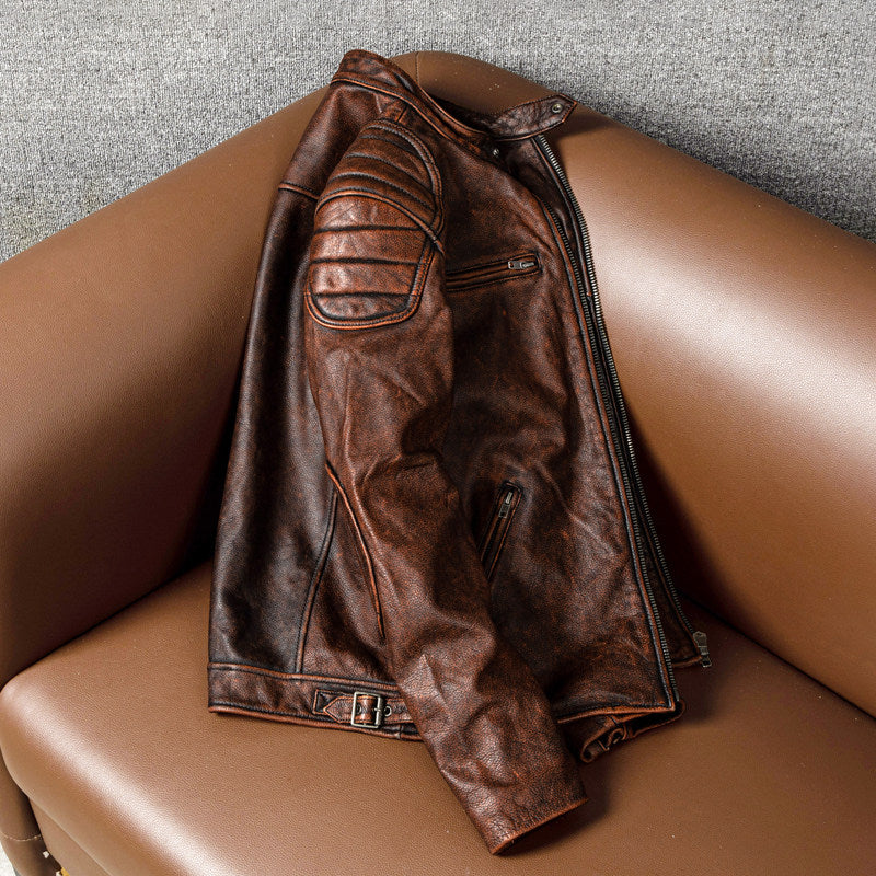 Ami clicked top layer cowhide leather jacket, men's stand-up collar leather jacket, vintage distressed reddish-brown plus-size jacket