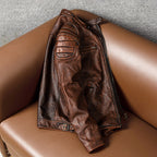 Ami clicked top layer cowhide leather jacket, men's stand-up collar leather jacket, vintage distressed reddish-brown plus-size jacket