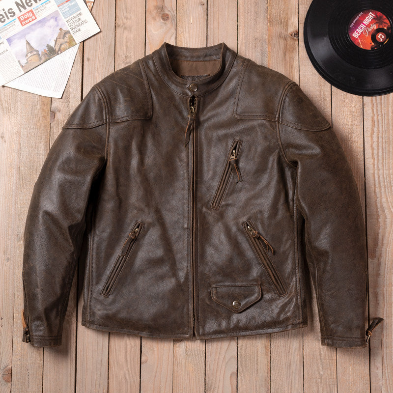 Venom retro motorcycle leather jacket crack unpainted old soft cowhide slim men's stand-up collar leather cycling suit men's style