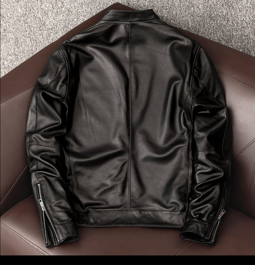 New handsome simple leather jacket pure top sheepskin leather leather jacket men's casual short stand-up collar jacket