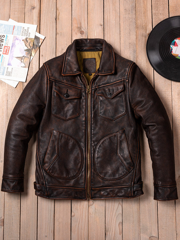 American Vintage Mendoza Washed Farmer Stone-Ground Distressed First-Layer Cowhide Motorcycle Leather Jacket