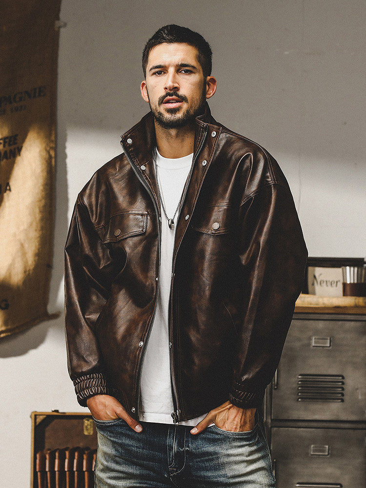 American classic retro soft leather jacket men's loose motorcycle uniform spring trendy brand tough guy leather jacket jacket men's spring and autumn style