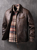 American Vintage Mendoza Washed Farmer Stone-Ground Distressed First-Layer Cowhide Motorcycle Leather Jacket
