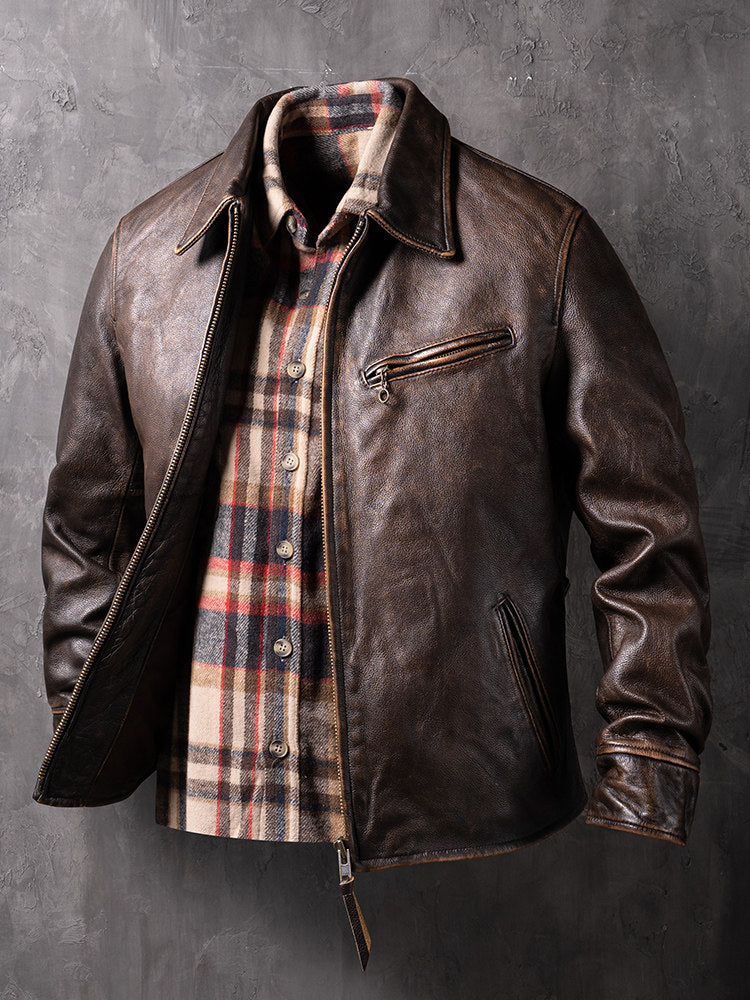 American Vintage Mendoza Washed Farmer Stone-Ground Distressed First-Layer Cowhide Motorcycle Leather Jacket