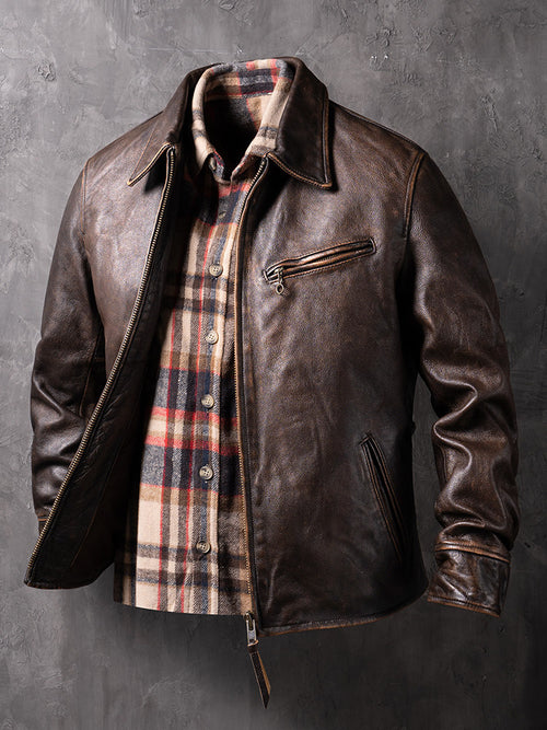 American Vintage Mendoza Washed Farmer Stone-Ground Distressed First-Layer Cowhide Motorcycle Leather Jacket