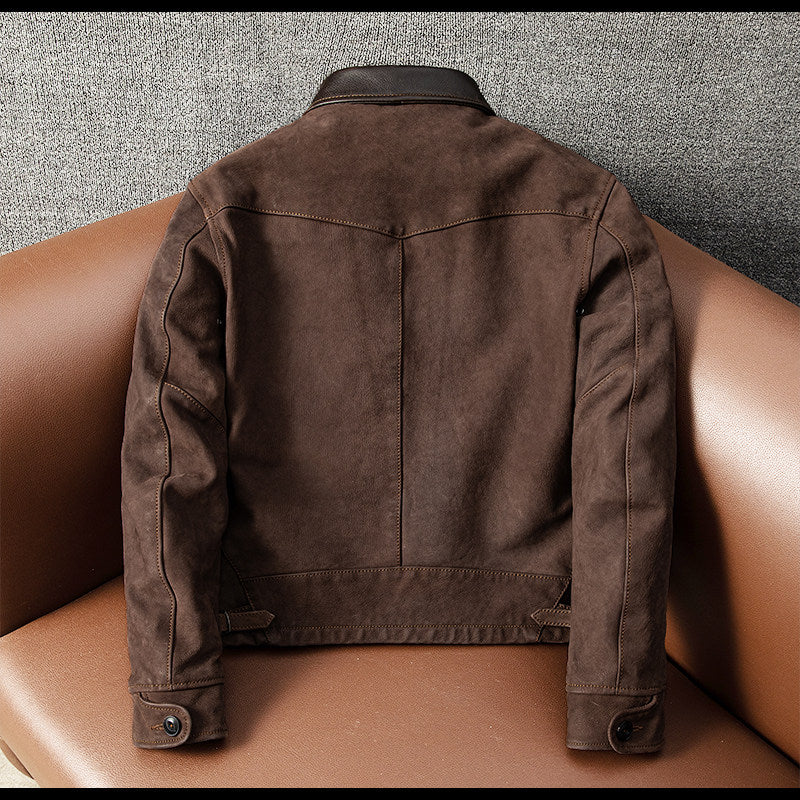 Top sheepskin leather jacket men's vintage uncoated classic distressed cropped lapel slim spring and autumn jacket