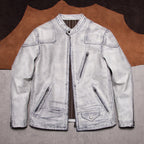 Classic Venom Tom Hardy is the same white dirty top layer cowhide stand-up collar American vintage leather jacket