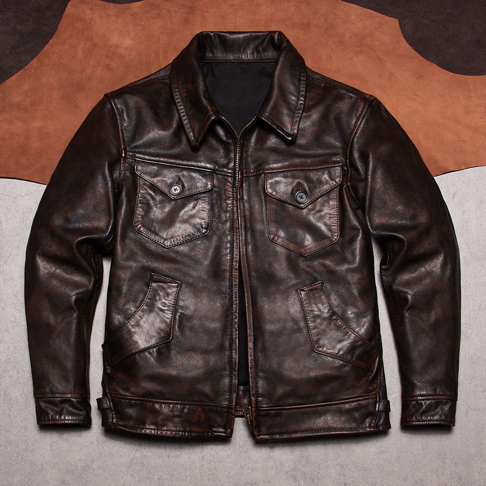 Mendoza RL American Vintage Leather Jacket Lapel Slim Tea Core Top Layer Cowhide Jacket Motorcycle Men's Vintage Jacket