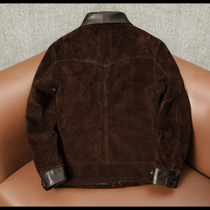 Farmer vintage top layer anti-fleece cowhide leather leather jacket men's classic distressed cropped lapel slim jacket
