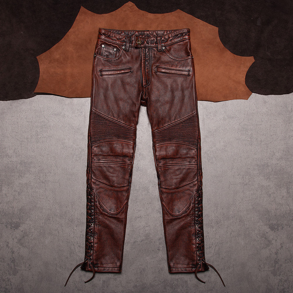 Men's leather pants, top layer cowhide, vintage distressed motorcycle riding trousers, men's slim fit