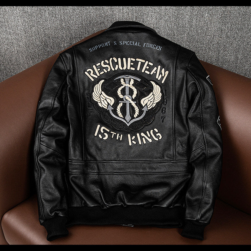 Three-dimensional embroidery new leather jacket men's top layer cowhide flight suit jacket handsome trendy cropped jacket