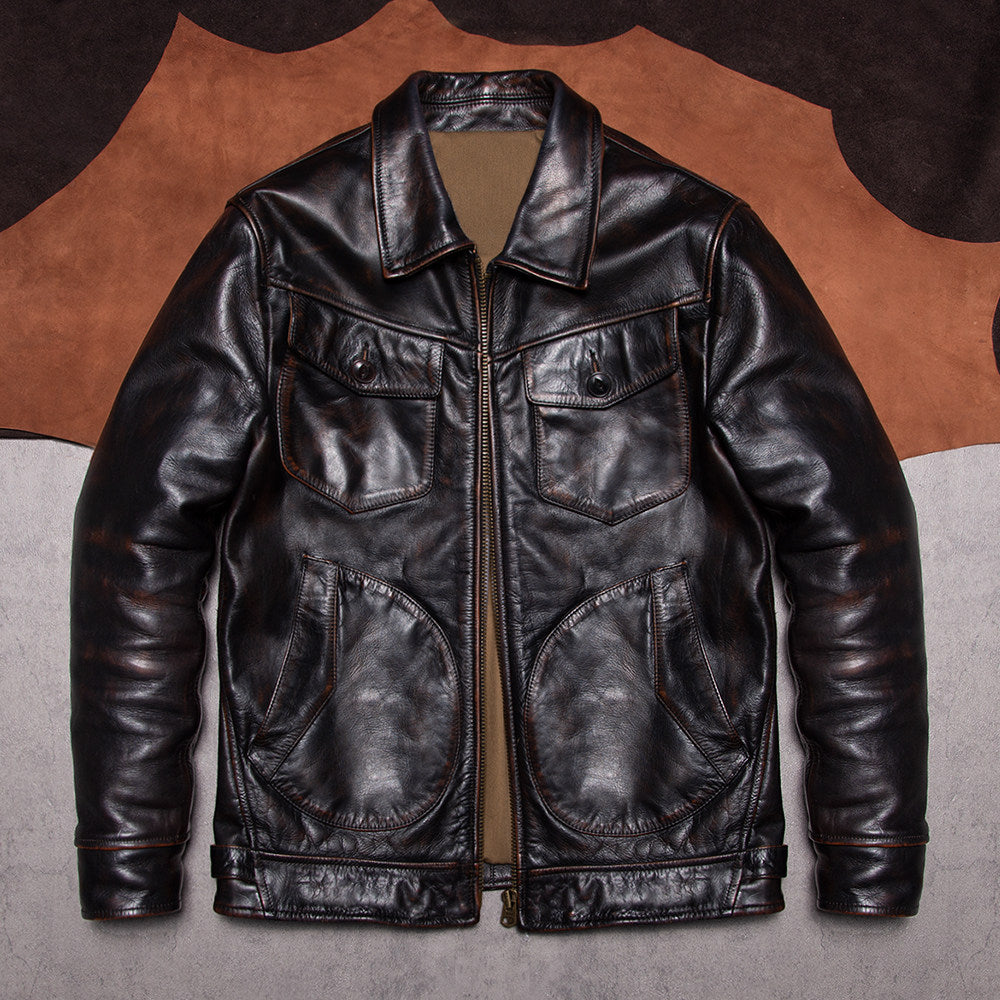 Mendoza classic leather jacket hand-polished top layer cowhide American vintage casual leather jacket farmer men's style