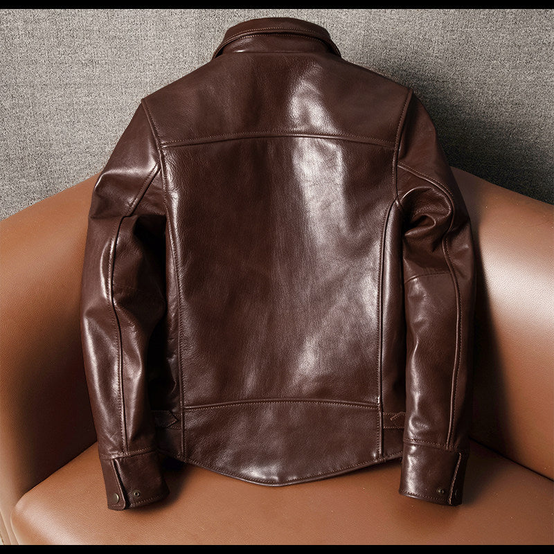 Top layer goatskin uncoated oil wax thick leather jacket Men's tuxedo leather jacket cropped slim spring and autumn jacket