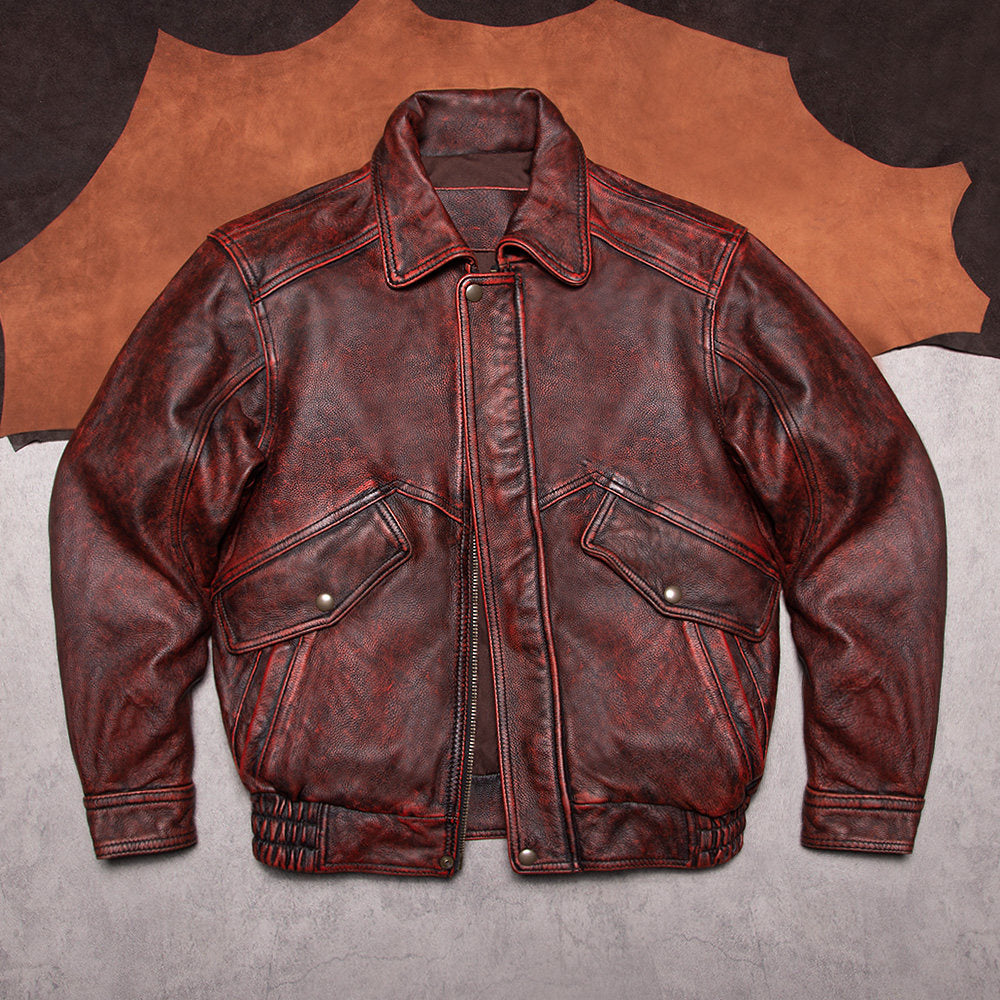 Ami clicks old top layer cowhide leather leather jacket men's plus size short Hong Kong style wide version flight suit jacket autumn and winter
