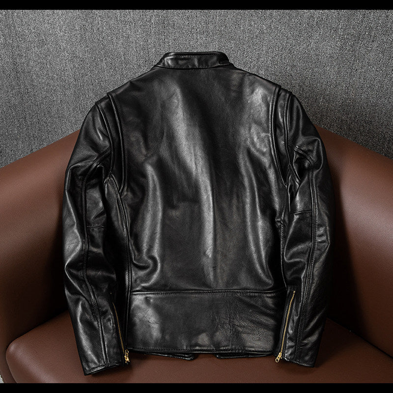 Top layer tea core horseskin leather jacket men's J100 motorcycle suit short slim stand-up collar autumn leather jacket jacket