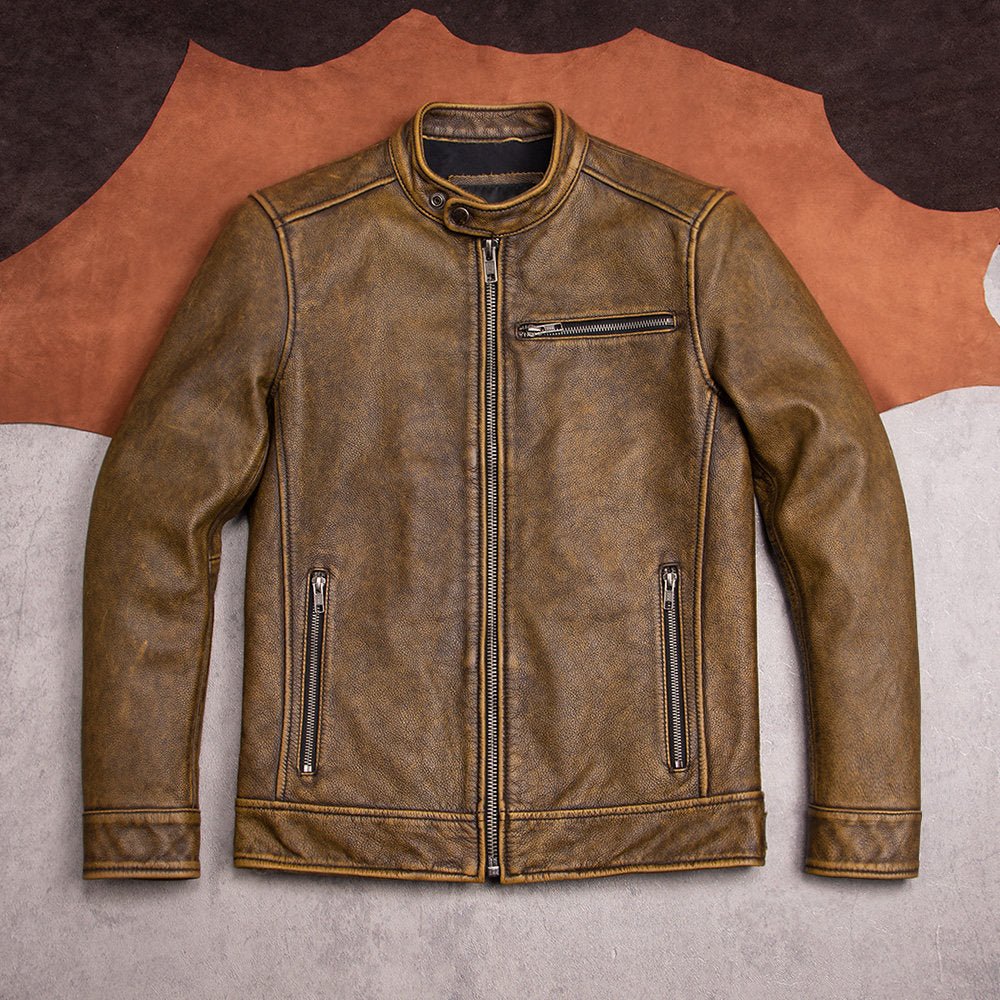 Vintage stand-up collar cycling uniform leather jacket men's top layer cowhide leather motorcycle jacket autumn and winter jacket yellow-brown