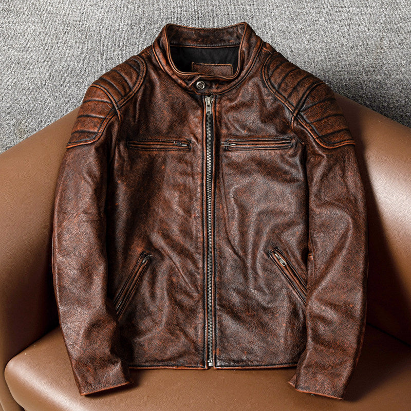 Ami clicked top layer cowhide leather jacket, men's stand-up collar leather jacket, vintage distressed reddish-brown plus-size jacket
