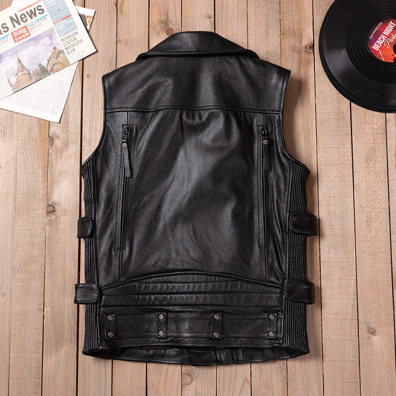 Black Harley motorcycle vest top layer cowhide leather jacket men's short cycling leather vest with multiple zipper pockets