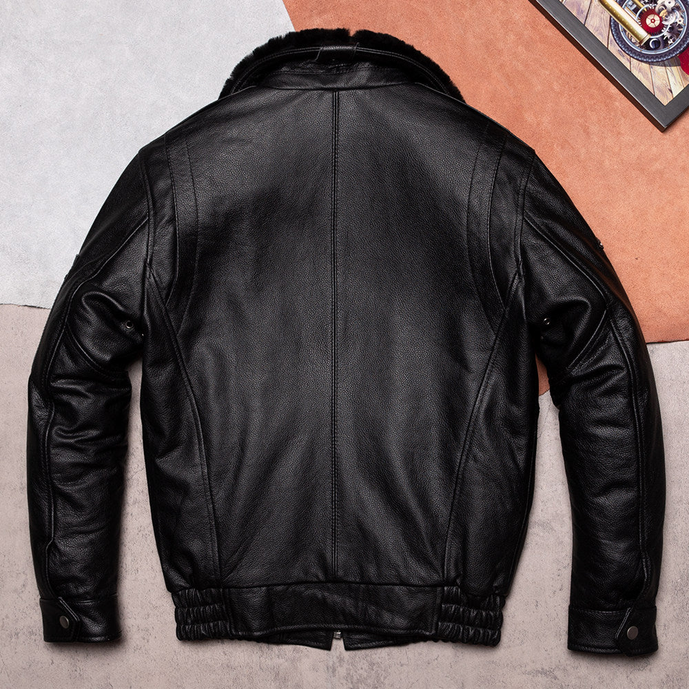 Fur collar black leather jacket men's top layer cowhide warm thickened top casual leather jacket slim Korean version winter