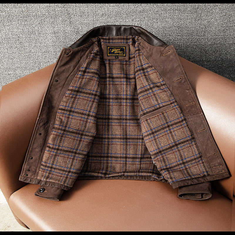 Top sheepskin leather jacket men's vintage uncoated classic distressed cropped lapel slim spring and autumn jacket