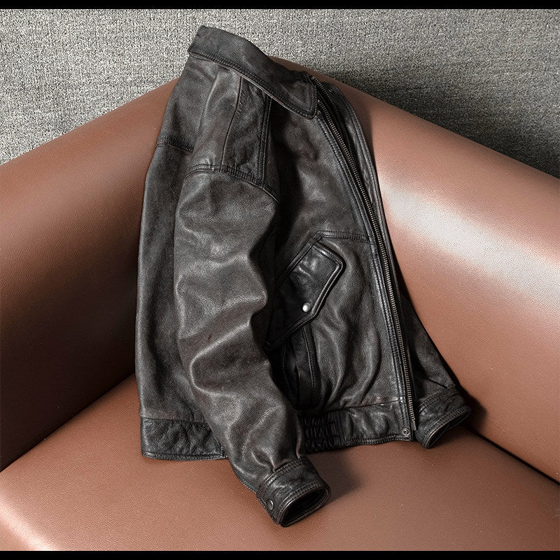 Hong Kong style top layer cowhide leather jacket vintage distressed men's flight suit lapel autumn and winter cropped leather jacket