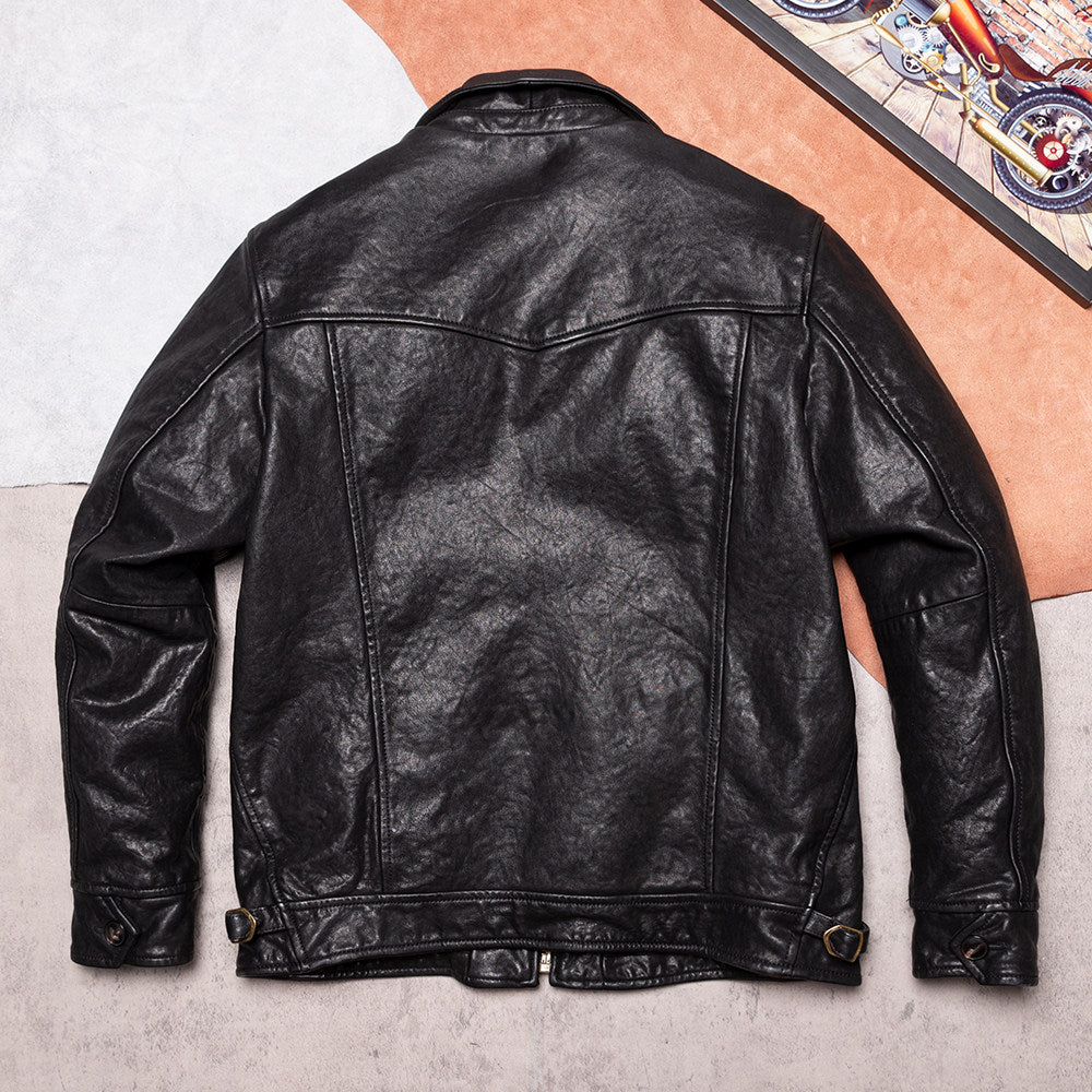 Graduation version vegetable-tanned top layer cowhide jacket men's slim fit classic Mendoza farmer American black leather jacket