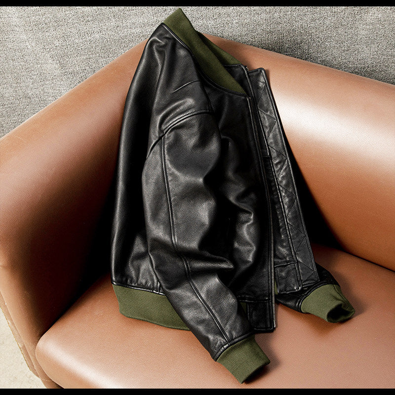 American casual flight suit, top layer cowhide leather jacket, men's leather jacket, cropped slim autumn and winter jacket